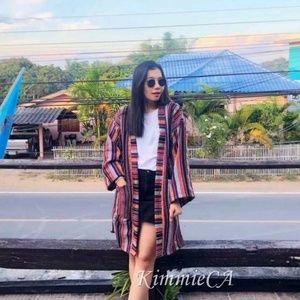 Linen red striped coat unique style